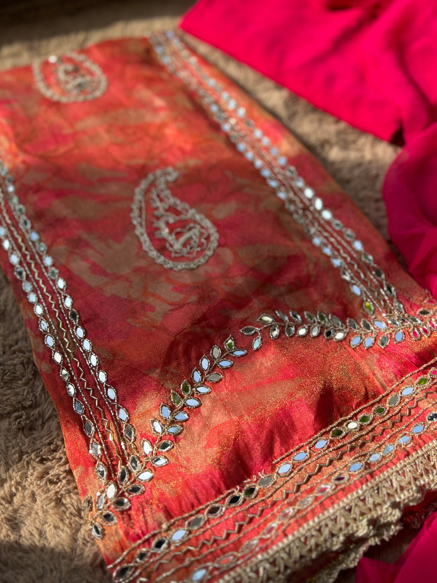 Crimson Gold Shimmer silk suit set