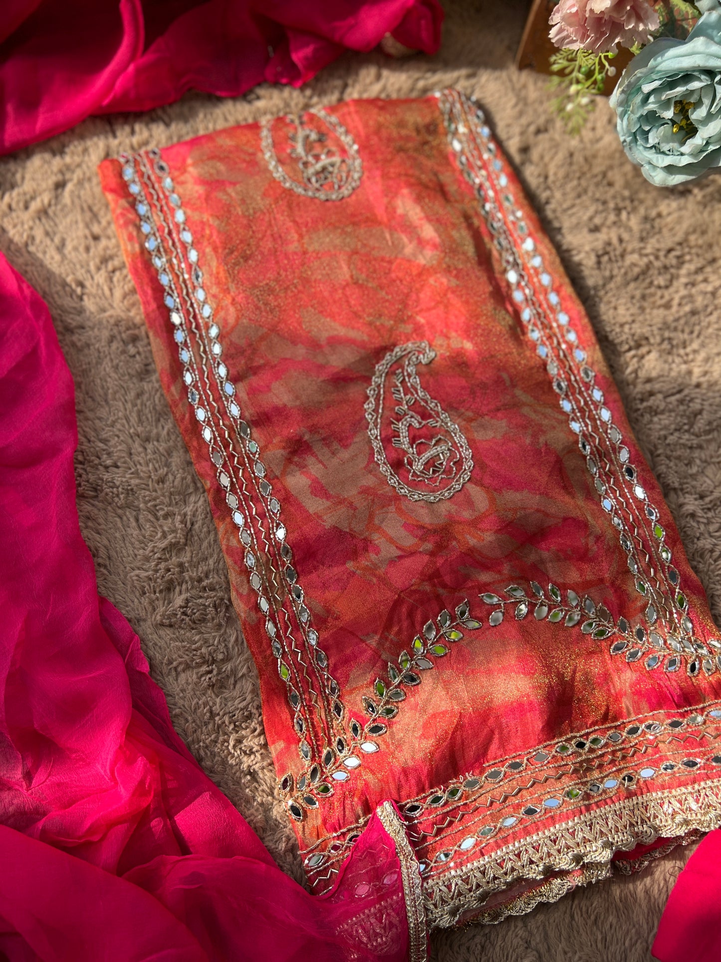 Crimson Gold Shimmer silk suit set