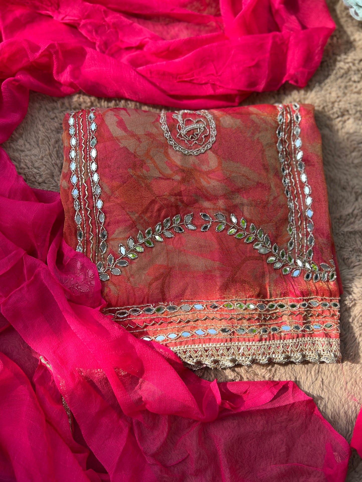 Crimson Gold Shimmer silk suit set