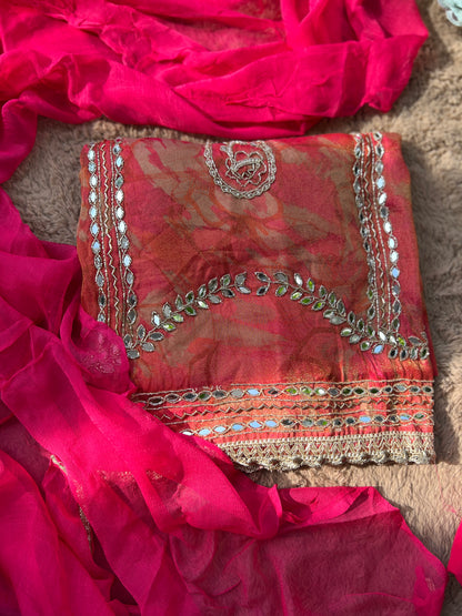 Crimson Gold Shimmer silk suit set
