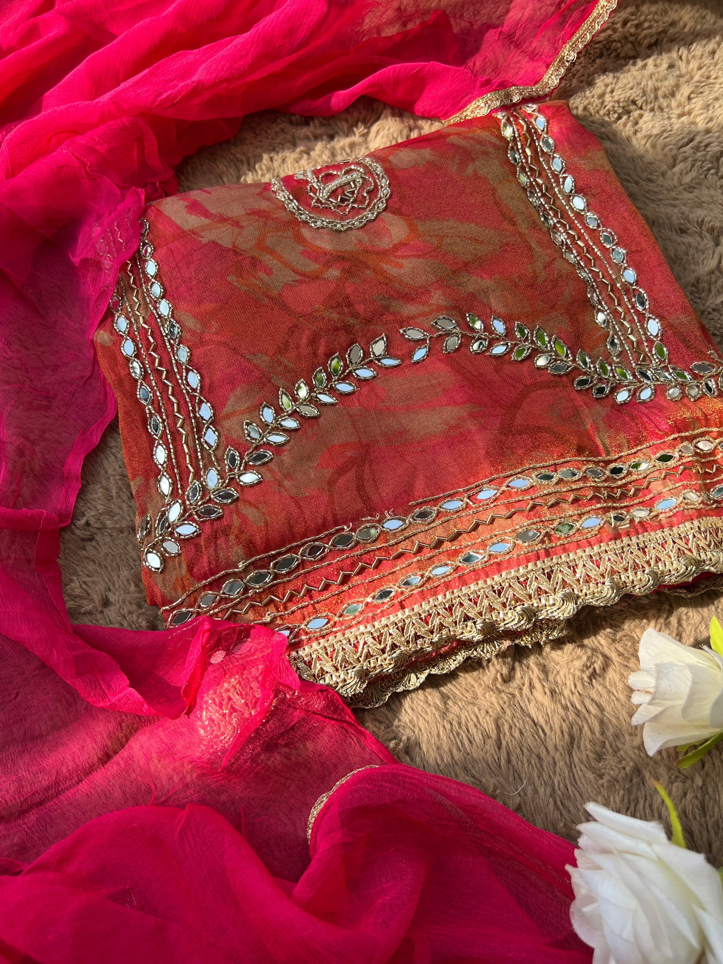 Crimson Gold Shimmer silk suit set