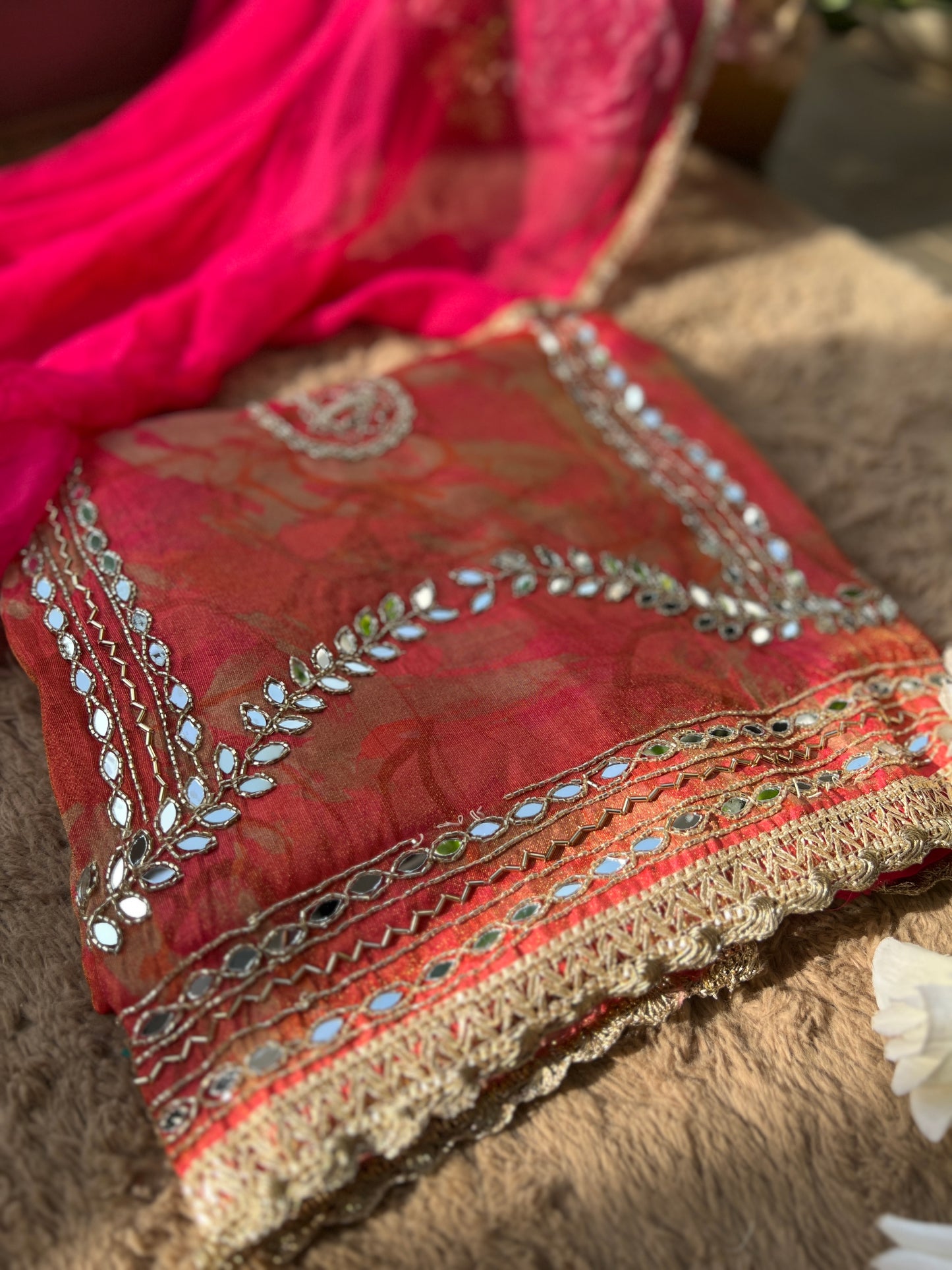 Crimson Gold Shimmer silk suit set