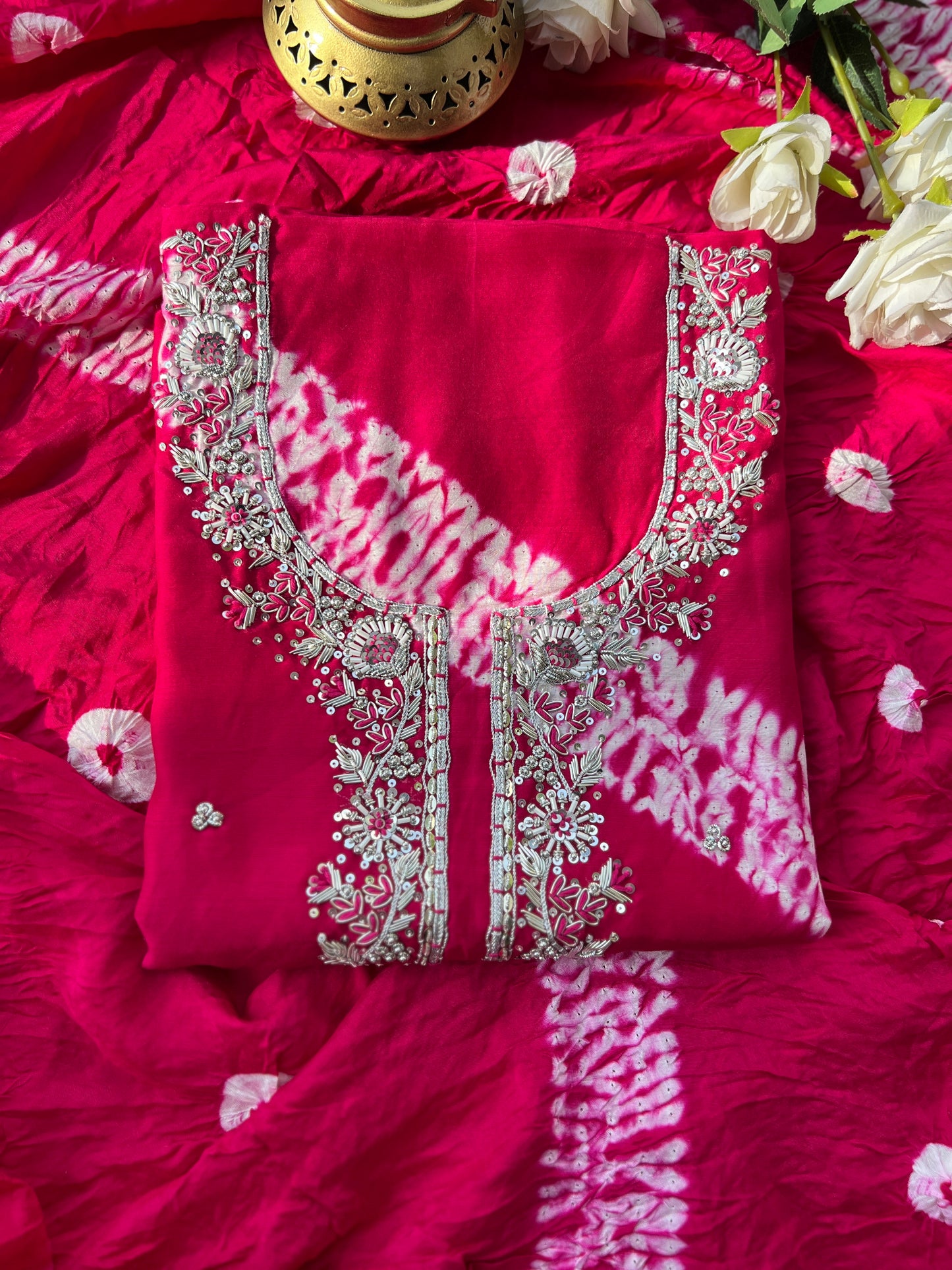 Handwork Maslin Laheriya Suit set