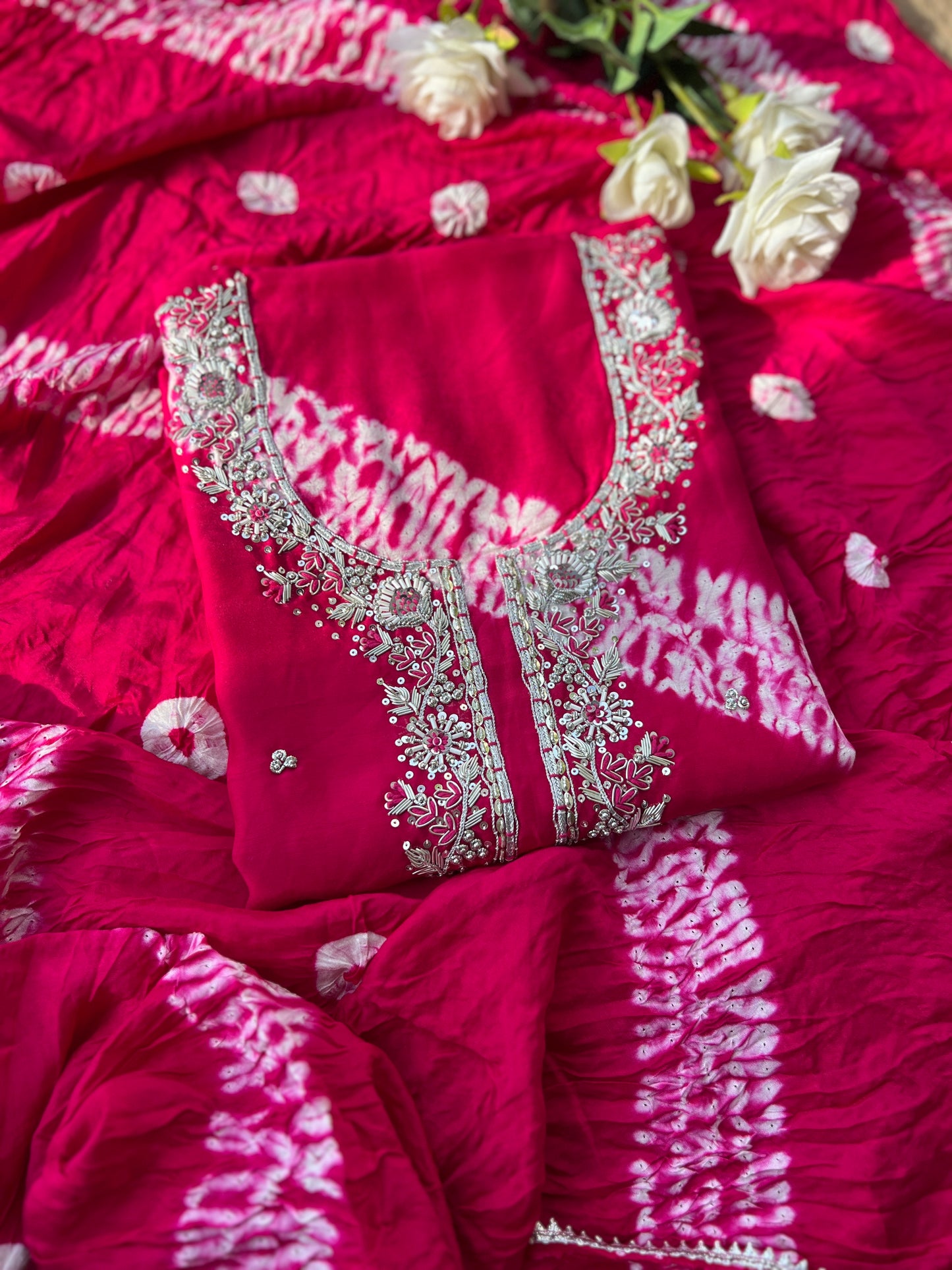 Handwork Maslin Laheriya Suit set