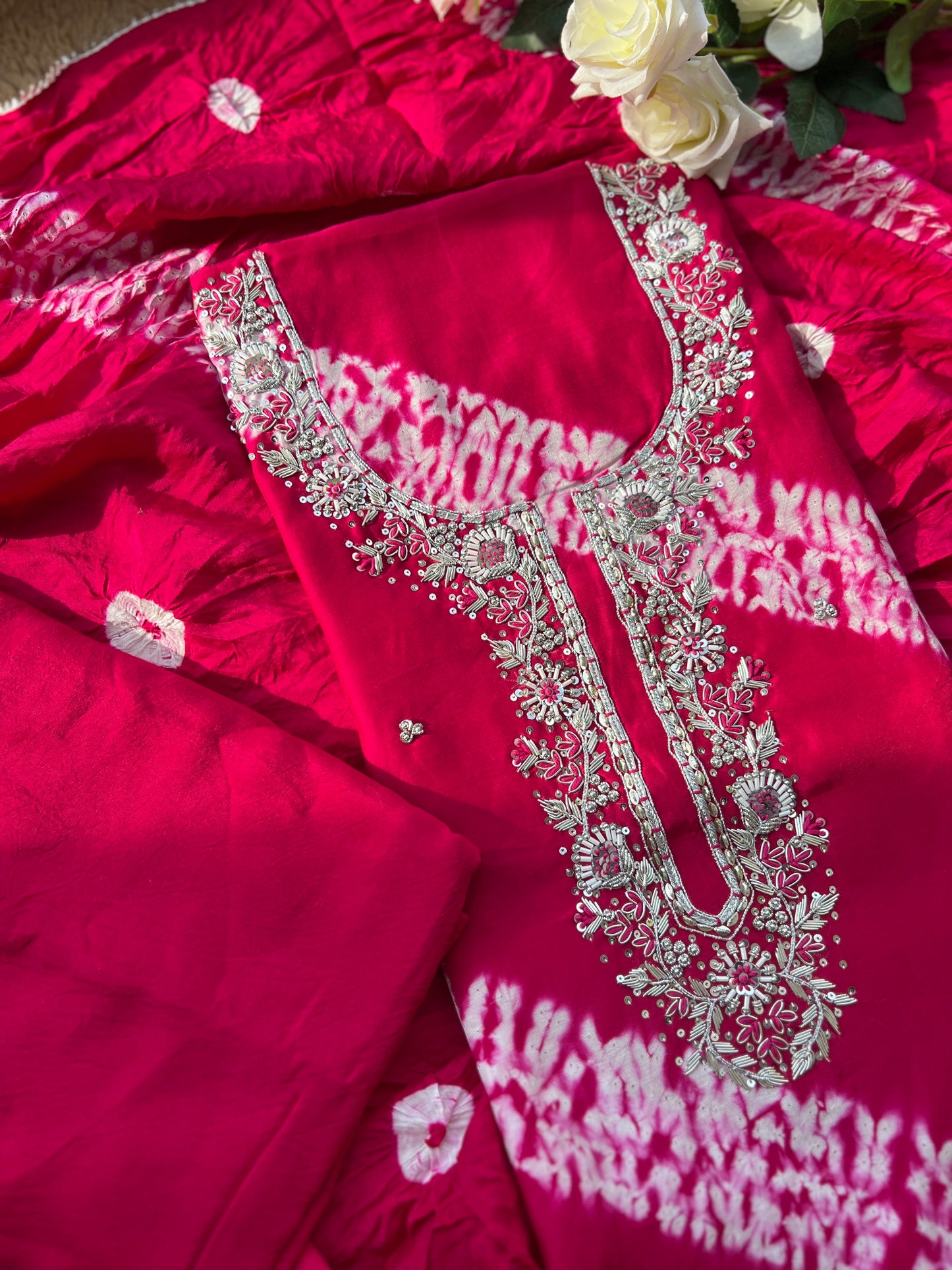Handwork Maslin Laheriya Suit set