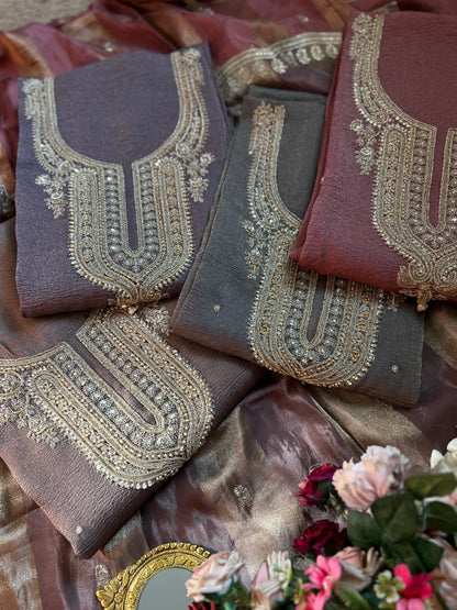 Pastel Elegance Crushed Shimmer Suit with Intricate Hand Embroidery & Silk Dupatta