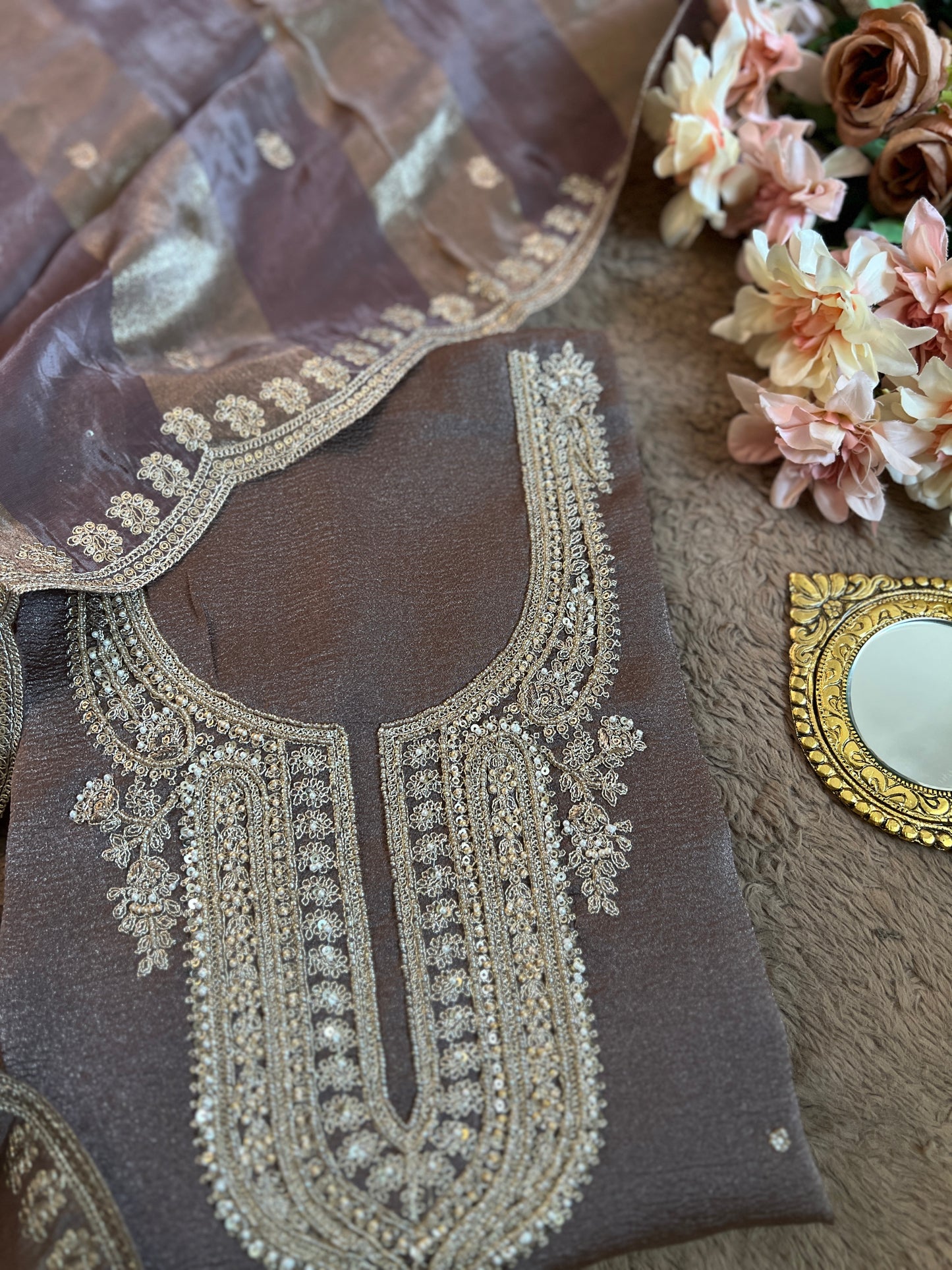 Pastel Elegance Crushed Shimmer Suit with Intricate Hand Embroidery & Silk Dupatta