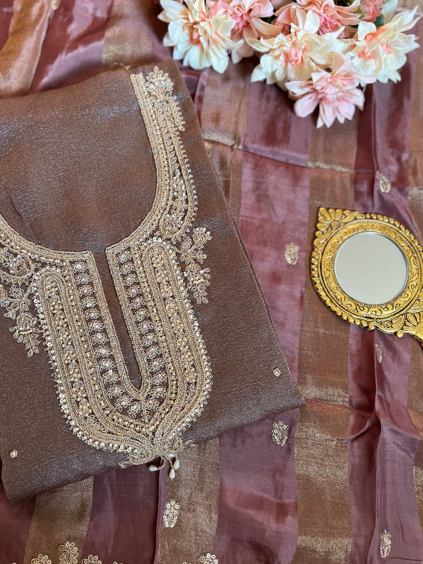 Pastel Elegance Crushed Shimmer Suit with Intricate Hand Embroidery & Silk Dupatta