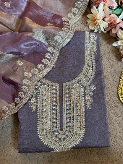Pastel Elegance Crushed Shimmer Suit with Intricate Hand Embroidery & Silk Dupatta