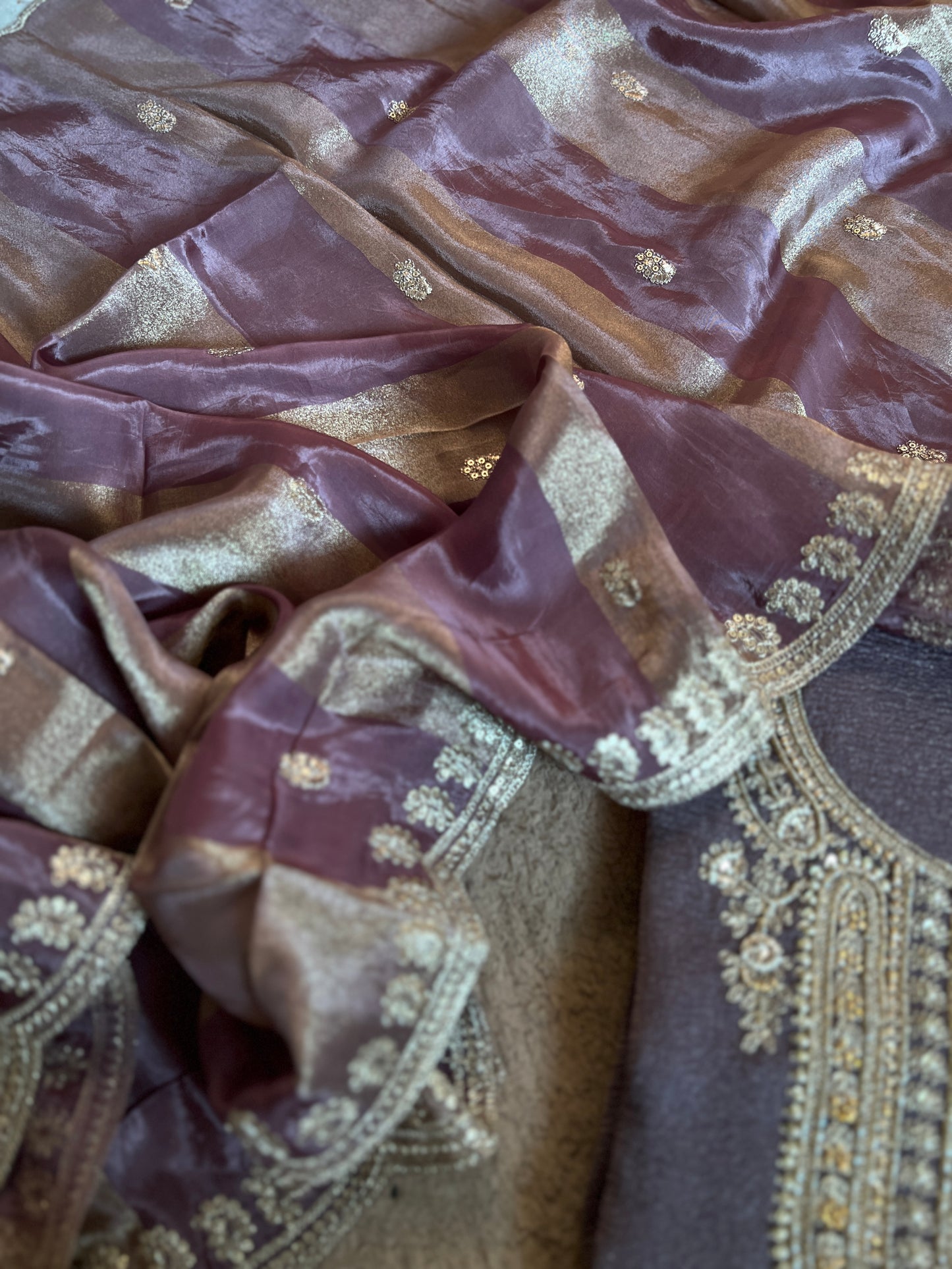 Pastel Elegance Crushed Shimmer Suit with Intricate Hand Embroidery & Silk Dupatta