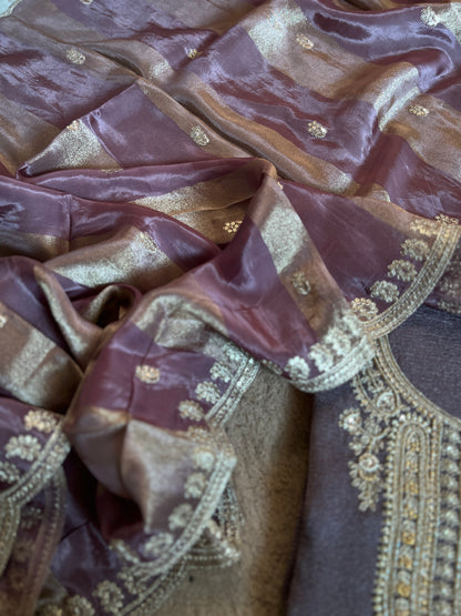 Pastel Elegance Crushed Shimmer Suit with Intricate Hand Embroidery & Silk Dupatta