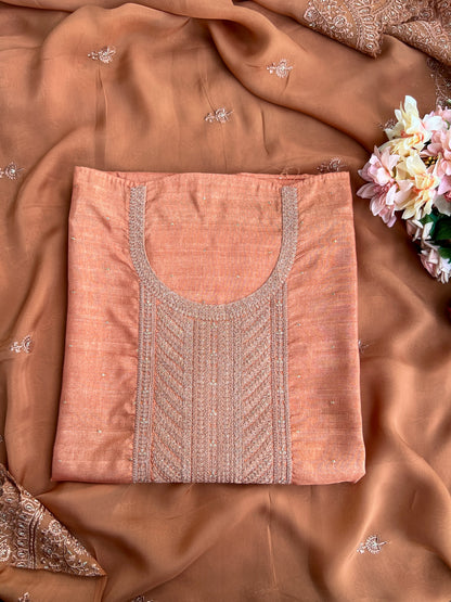 Regal Copper Elegance – Shimmer Silk Suit with Embroidered Grace