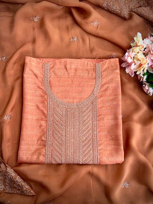 Regal Copper Elegance – Shimmer Silk Suit with Embroidered Grace