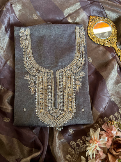 Pastel Elegance Crushed Shimmer Suit with Intricate Hand Embroidery & Silk Dupatta