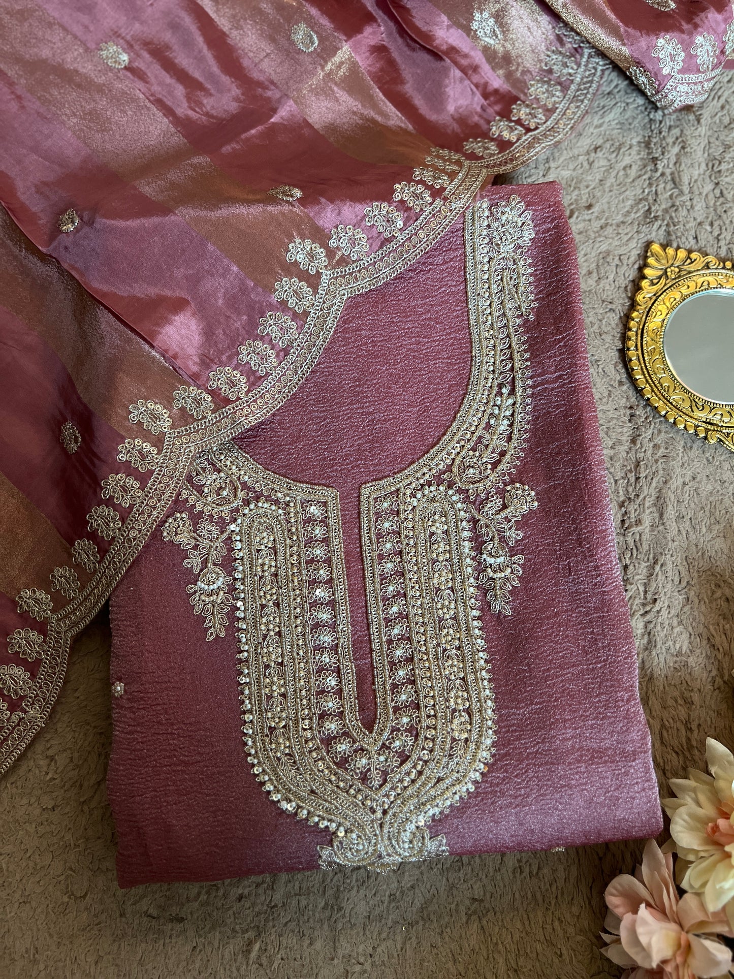 Pastel Elegance Crushed Shimmer Suit with Intricate Hand Embroidery & Silk Dupatta