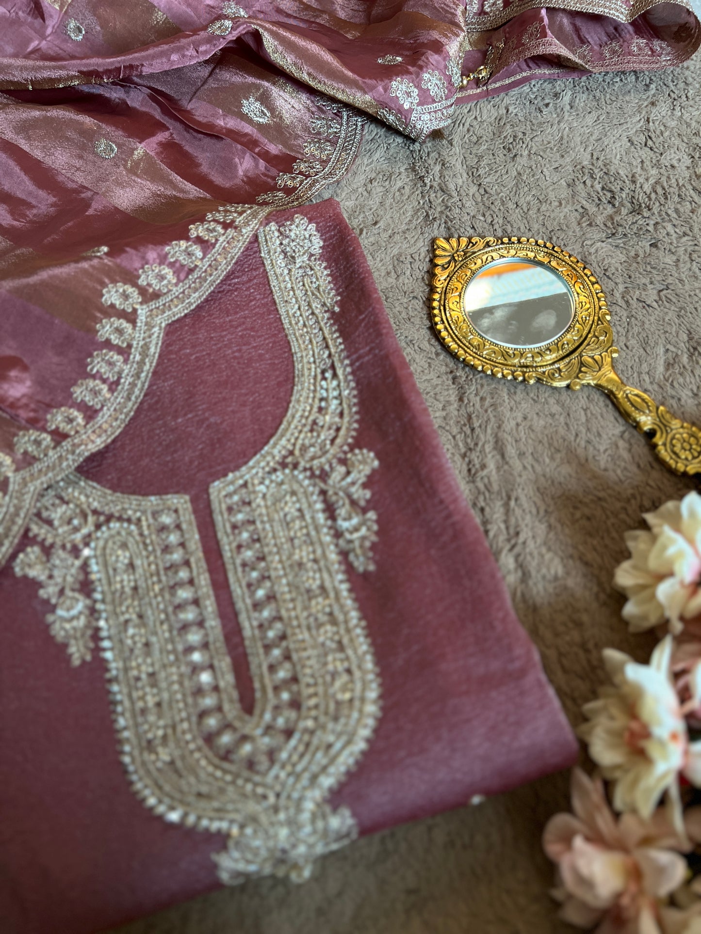 Pastel Elegance Crushed Shimmer Suit with Intricate Hand Embroidery & Silk Dupatta