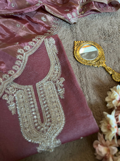 Pastel Elegance Crushed Shimmer Suit with Intricate Hand Embroidery & Silk Dupatta