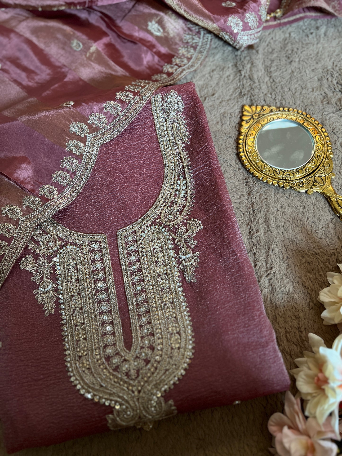 Pastel Elegance Crushed Shimmer Suit with Intricate Hand Embroidery & Silk Dupatta