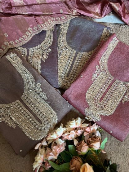 Pastel Elegance Crushed Shimmer Suit with Intricate Hand Embroidery & Silk Dupatta