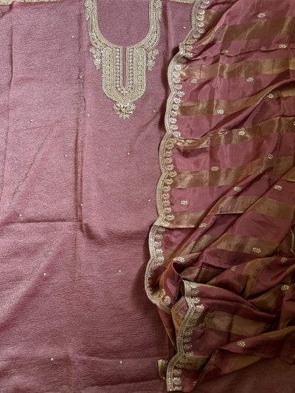 Pastel Elegance Crushed Shimmer Suit with Intricate Hand Embroidery & Silk Dupatta