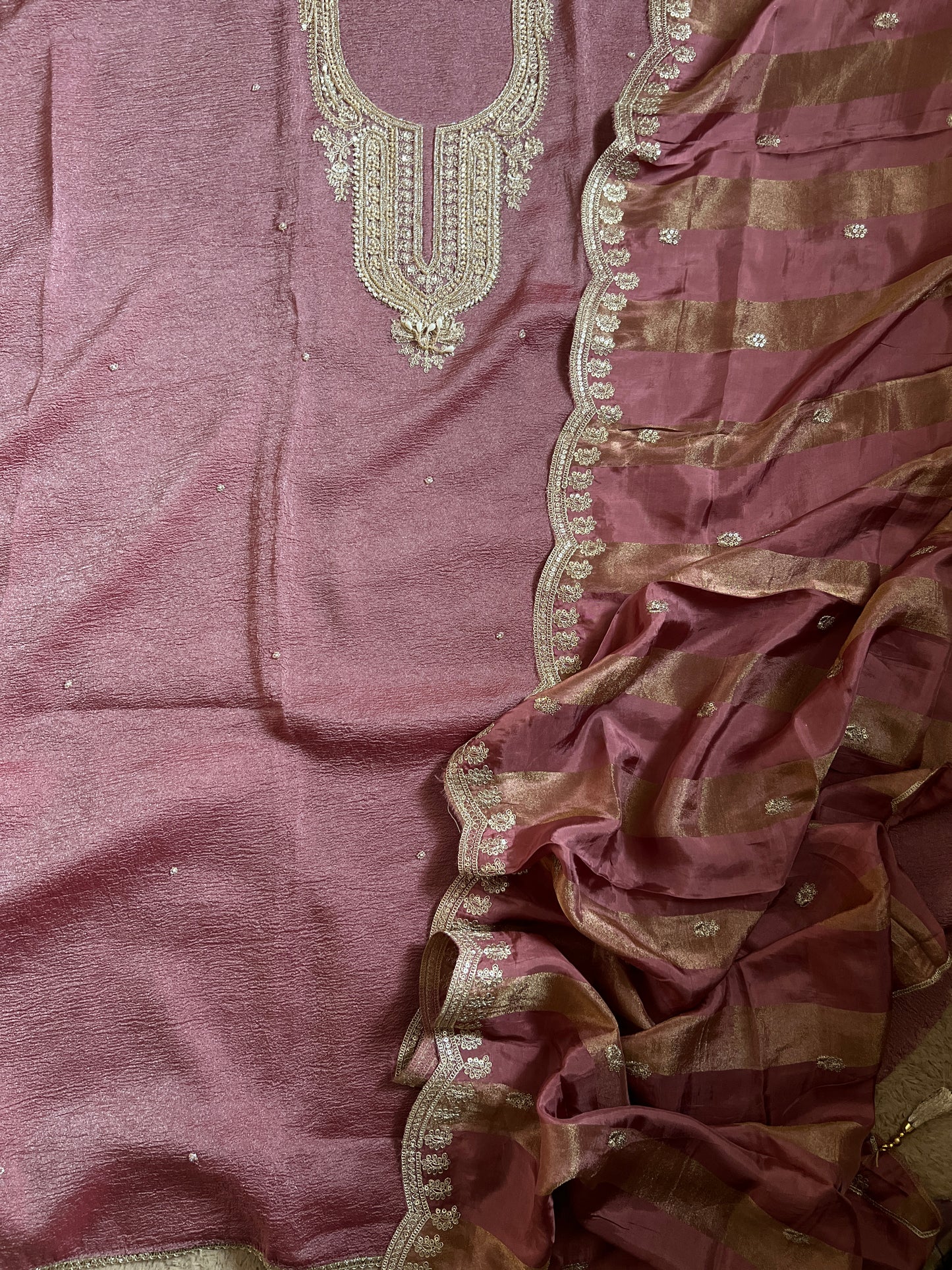 Pastel Elegance Crushed Shimmer Suit with Intricate Hand Embroidery & Silk Dupatta