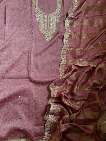 Pastel Elegance Crushed Shimmer Suit with Intricate Hand Embroidery & Silk Dupatta