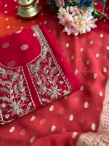Regal Red Banarasi Chanderi Ensemble with Handcrafted Neck Detailing
