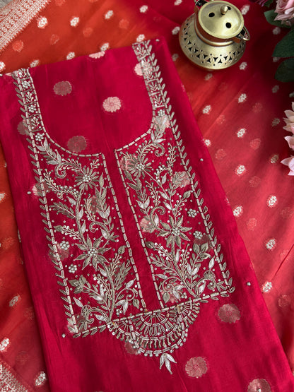 Regal Red Banarasi Chanderi Ensemble with Handcrafted Neck Detailing