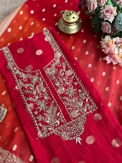 Regal Red Banarasi Chanderi Ensemble with Handcrafted Neck Detailing
