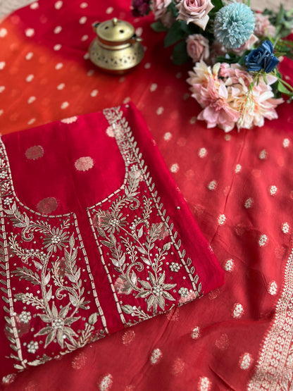 Regal Red Banarasi Chanderi Ensemble with Handcrafted Neck Detailing