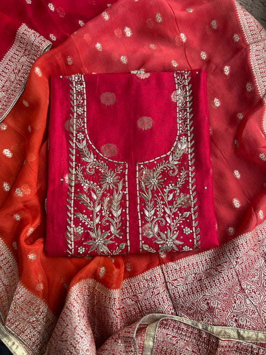 Regal Red Banarasi Chanderi Ensemble with Handcrafted Neck Detailing