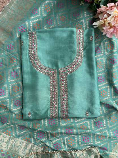 Aqua Grace Russian Silk Suit with Hand Embellished Neckline & Banarasi Dola Dupatta