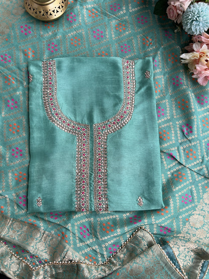Aqua Grace Russian Silk Suit with Hand Embellished Neckline & Banarasi Dola Dupatta