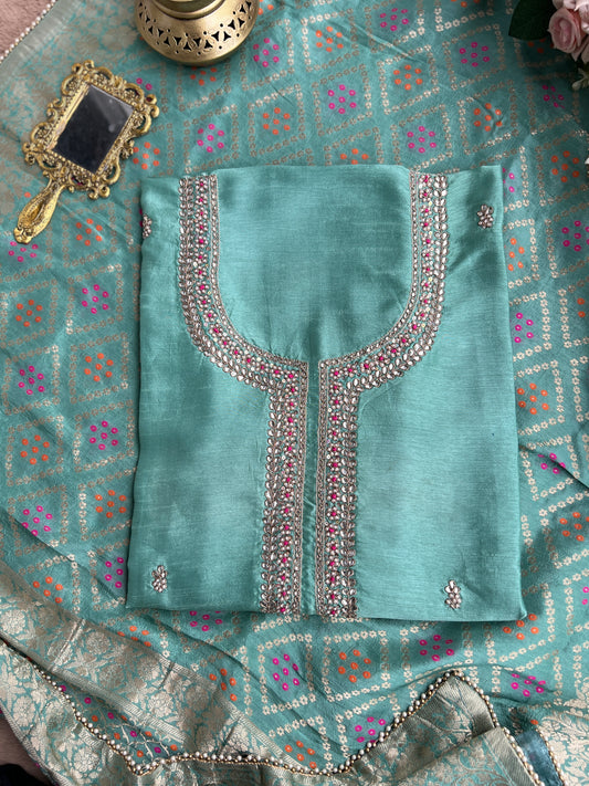 Aqua Grace Russian Silk Suit with Hand Embellished Neckline & Banarasi Dola Dupatta