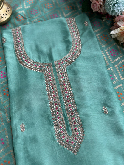 Aqua Grace Russian Silk Suit with Hand Embellished Neckline & Banarasi Dola Dupatta