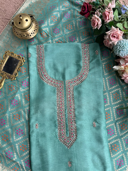 Aqua Grace Russian Silk Suit with Hand Embellished Neckline & Banarasi Dola Dupatta