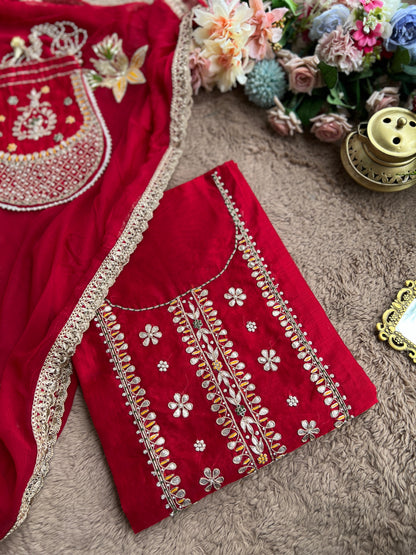 Radiant Red Chanderi Silk Suit with Gota Phool Dupatta & Handcrafted Detailing