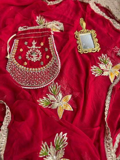 Radiant Red Chanderi Silk Suit with Gota Phool Dupatta & Handcrafted Detailing
