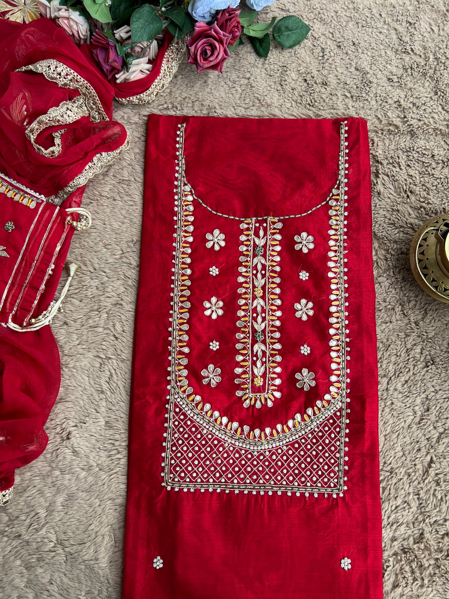 Radiant Red Chanderi Silk Suit with Gota Phool Dupatta & Handcrafted Detailing
