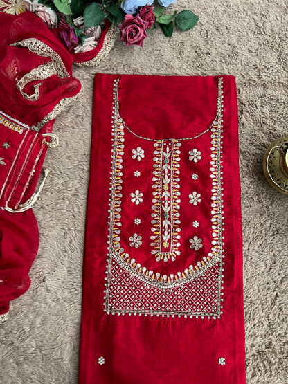 Radiant Red Chanderi Silk Suit with Gota Phool Dupatta & Handcrafted Detailing