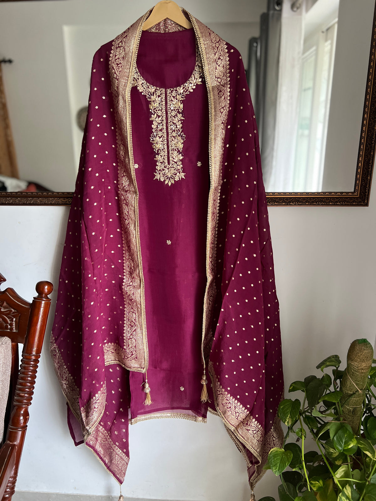 Wine Royale Handwork Unstitched Suit Set