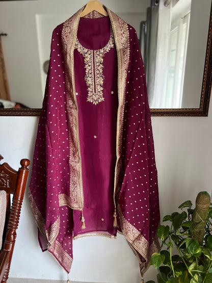 Wine Royale Handwork Unstitched Suit Set