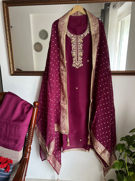 Wine Royale Handwork Unstitched Suit Set
