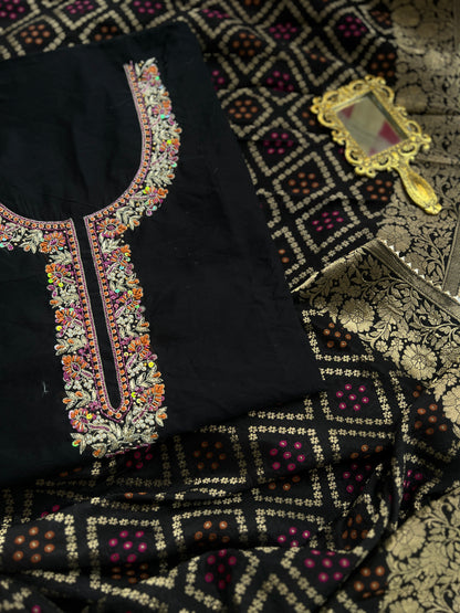 Midnight Black Chanderi Handcrafted Suit Set