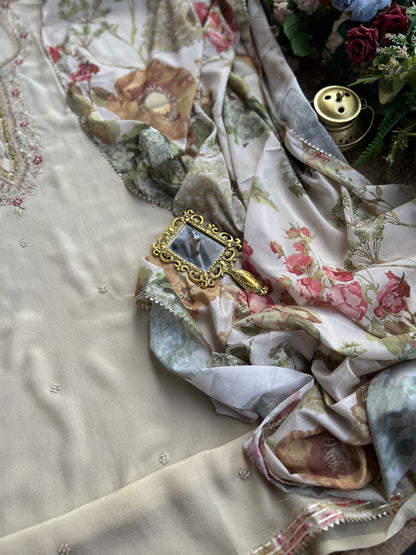 Ivory Chinnon Suit with Hand Embellished Neckline & Floral Chinnon Dupatta