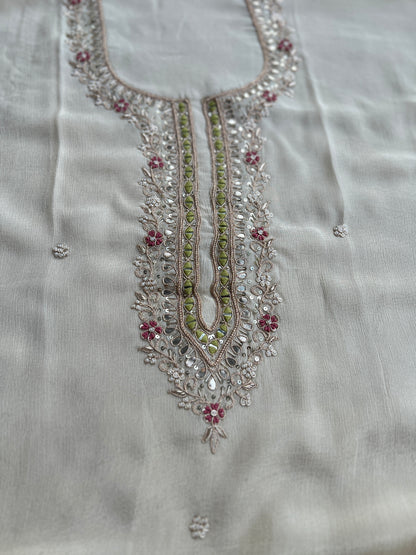 Ivory Chinnon Suit with Hand Embellished Neckline & Floral Chinnon Dupatta