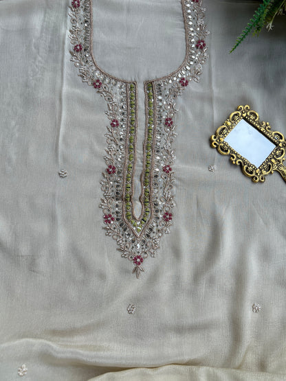 Ivory Chinnon Suit with Hand Embellished Neckline & Floral Chinnon Dupatta