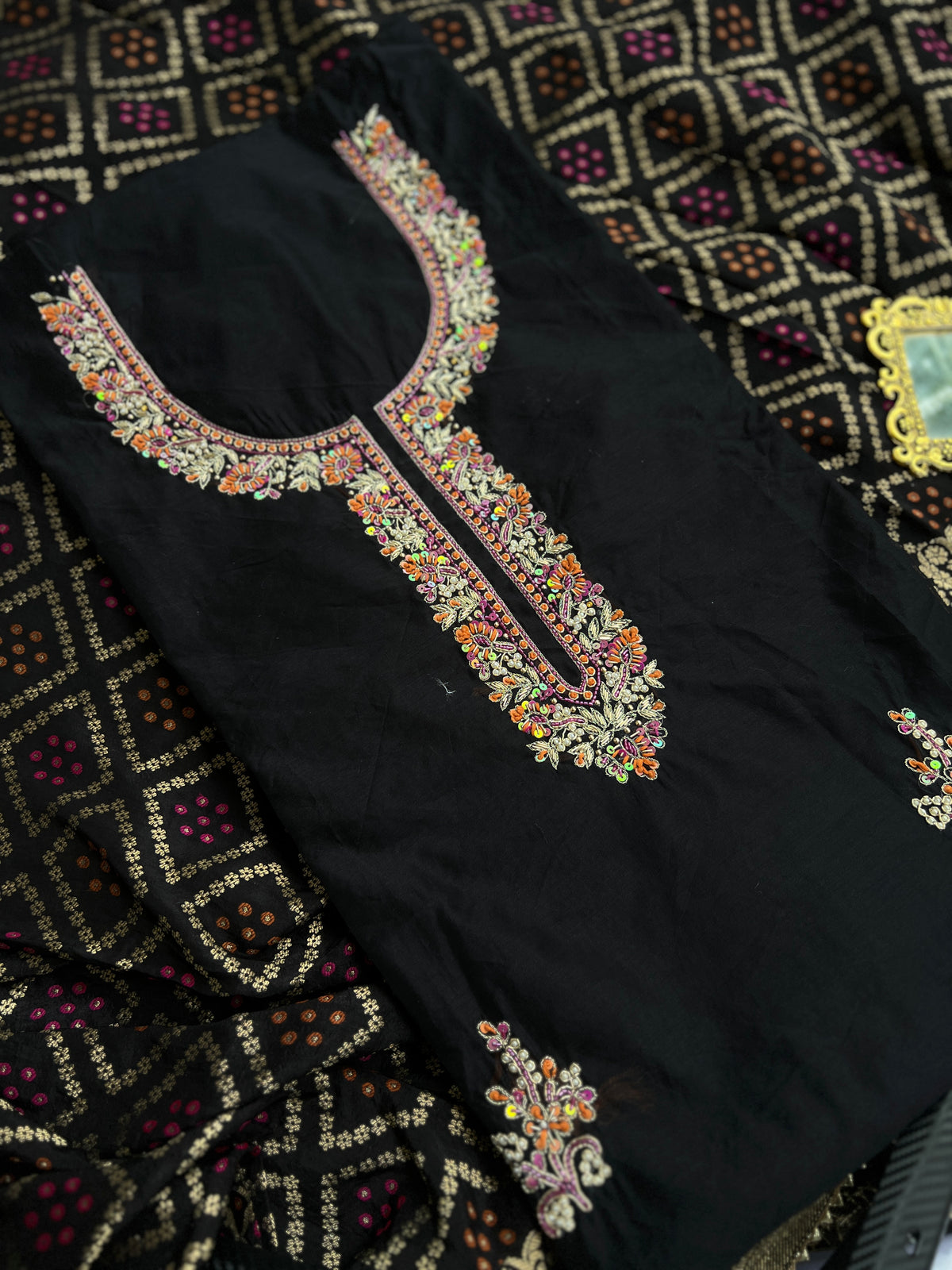 Midnight Black Chanderi Handcrafted Suit Set