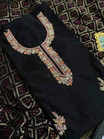 Midnight Black Chanderi Handcrafted Suit Set
