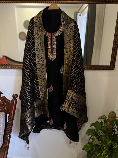 Midnight Black Chanderi Handcrafted Suit Set